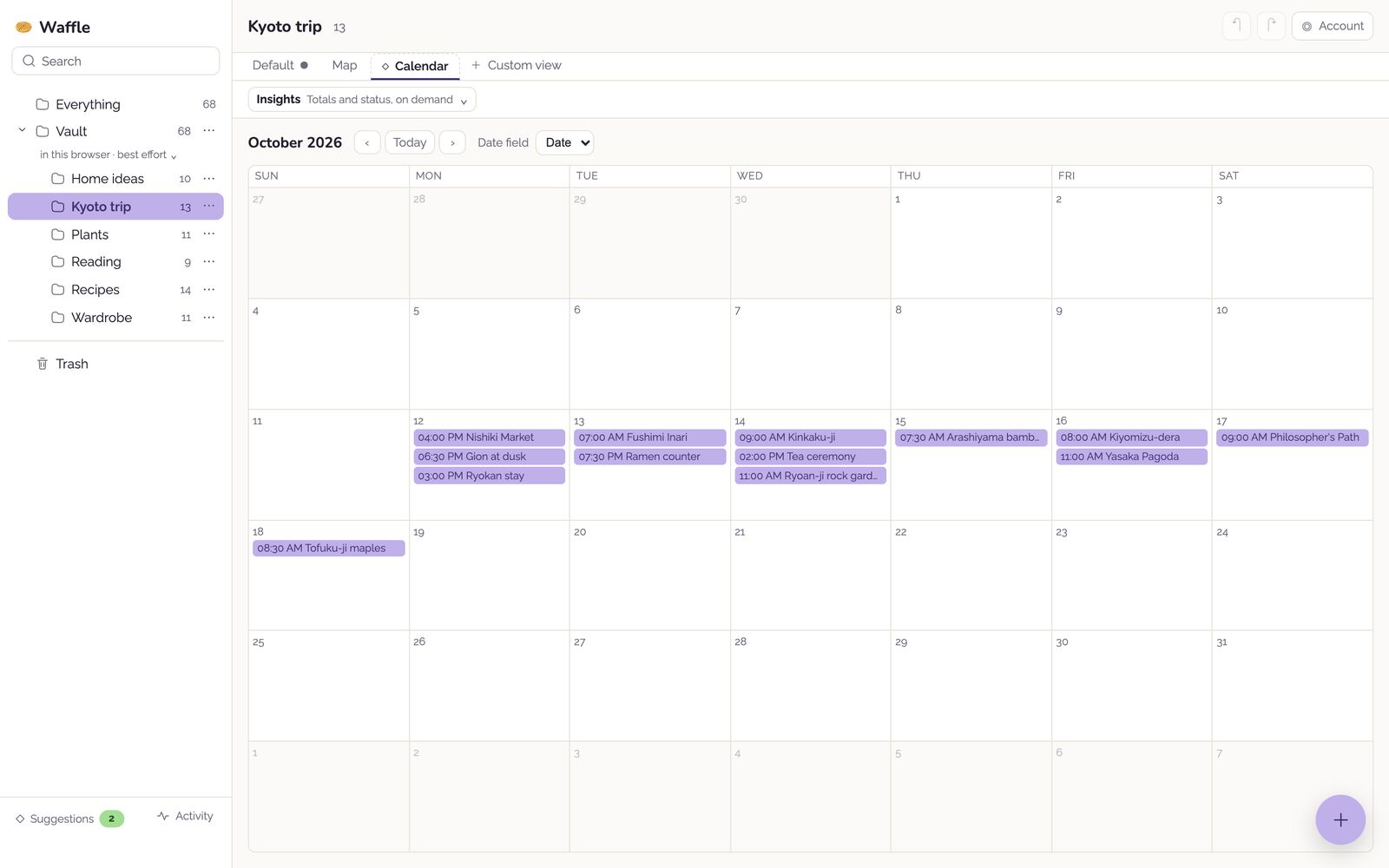 The Kyoto trip folder in Waffle as an October 2026 calendar, with the week of October 12 filled with timed entries such as Nishiki Market, Fushimi Inari, and Kinkaku-ji.
