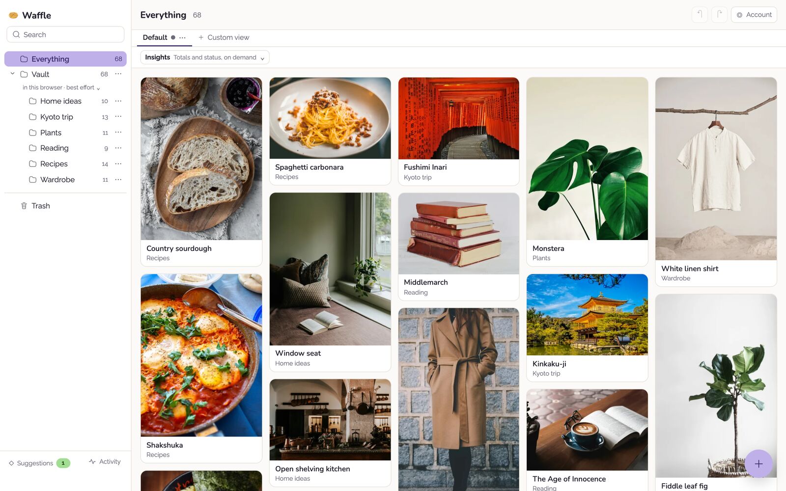 The Waffle app showing Everything as a masonry wall: country sourdough, spaghetti carbonara, Fushimi Inari, a monstera, a white linen shirt, a window seat, and more, each labeled with its folder, beside a folder list.