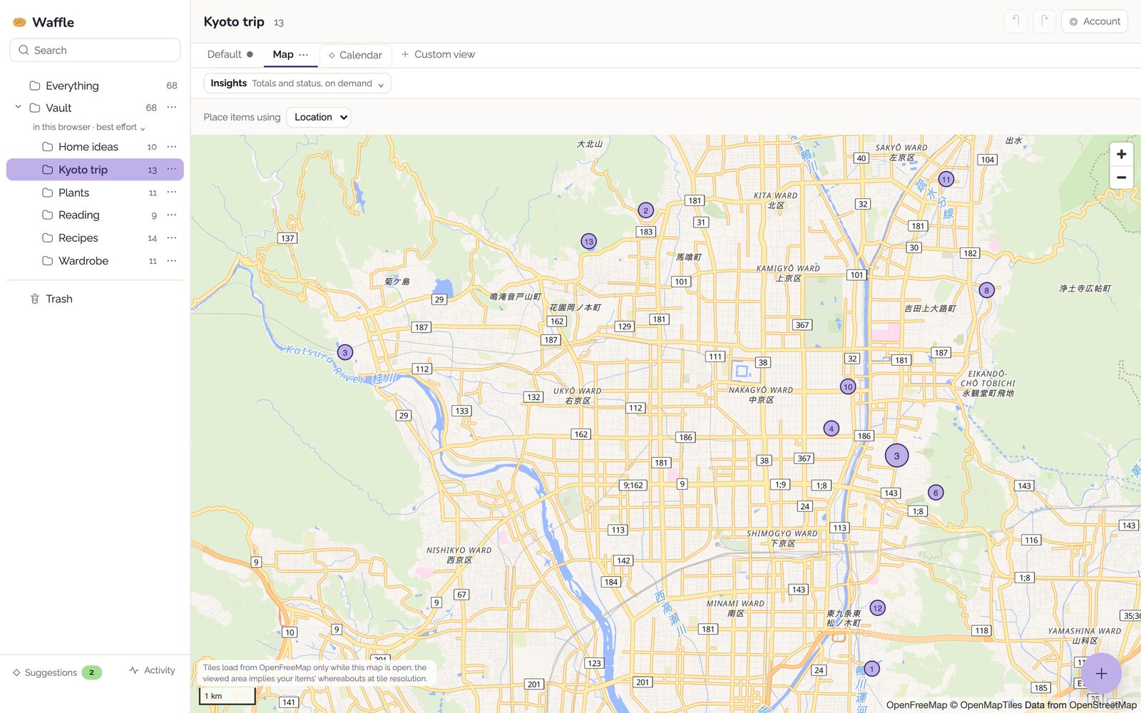 The Kyoto trip folder in Waffle as a map of Kyoto with numbered markers for each place.